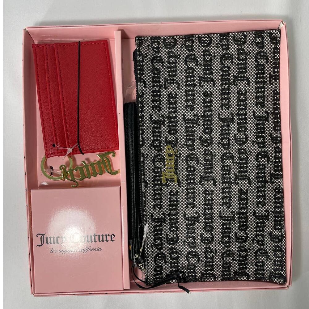 Juicy Couture 3 PC Set Wristlet Card Wallet Keychain Gift Set Goth Stat Black